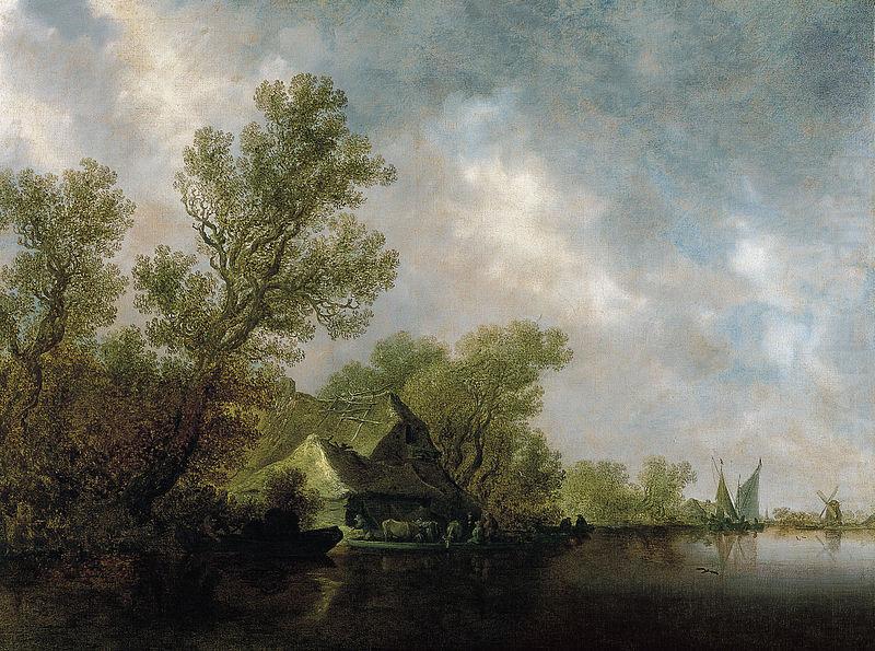 River Landscape with Ferry and cottages, Jan van Goyen